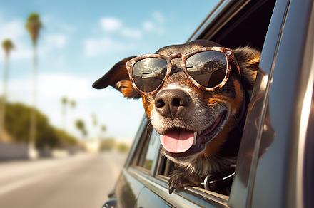 Dog looking out car window. Travel by car. Generative AI, an Animal Photo by AlyaAnd