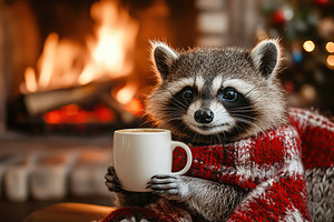 Cute raccoon with cup of tea on blurred fireplace background, a Holiday Photo by AlyaAnd