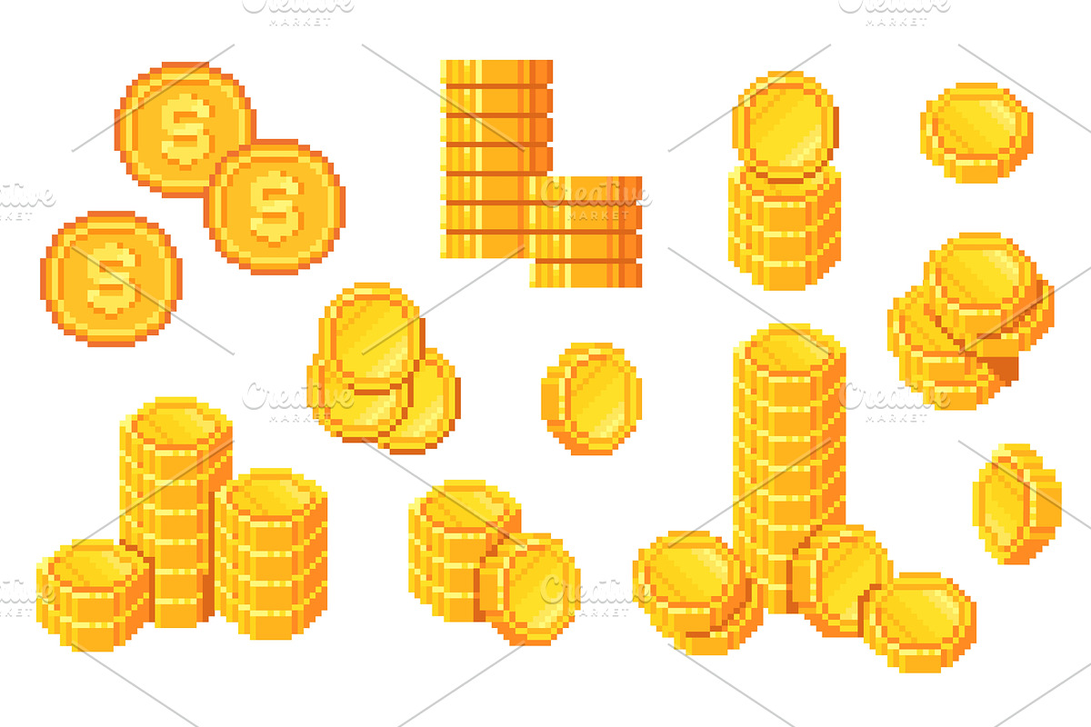 Pixel coins. Gold coin 8 bit retro, a Finance Illustration by Stock-Smart-Start