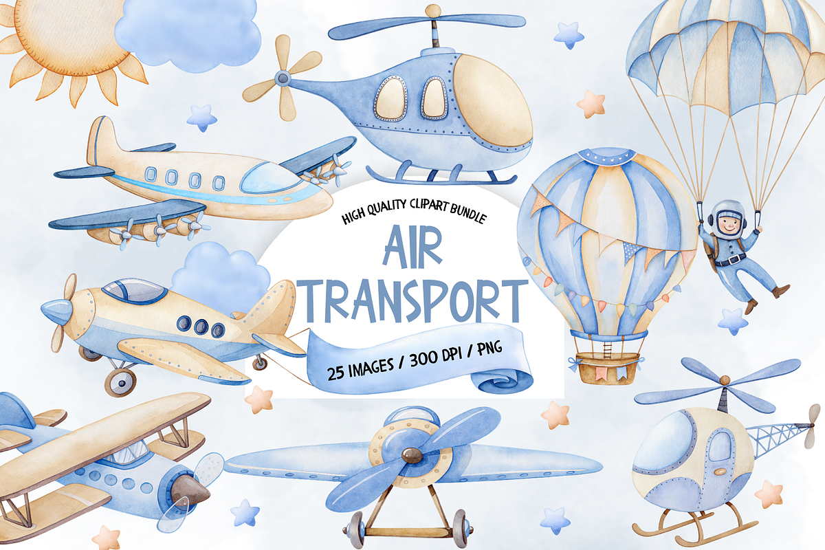 Watercolor Air Transport Clipart, an Illustration by TatiMockup (Photo 1 of 5)