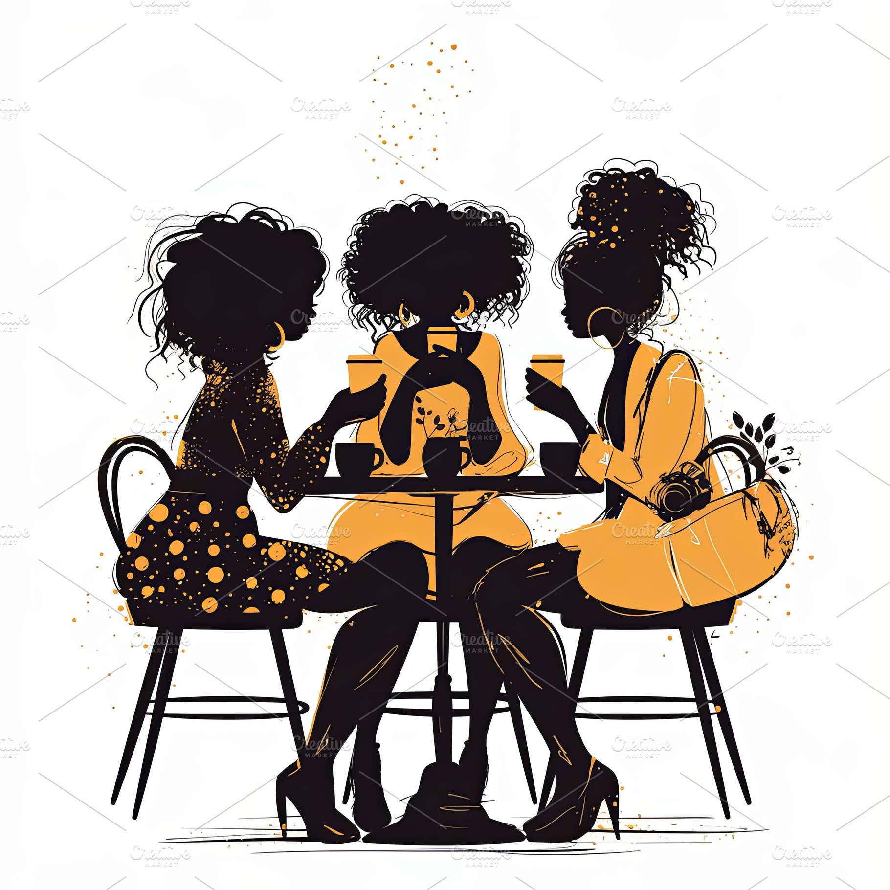 Three friends sharing a moment over coffee in artistic illustration, a Photo by AS photostudio
