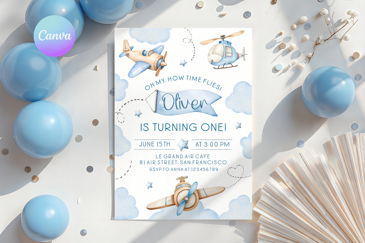 Blue Airplane Birthday Party Invite, a Templates & Theme by VeliusCreativeStudio (Photo 1 of 3)