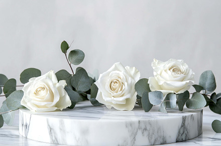 Elegant white roses and eucalyptus a, a Photo by Tanuart