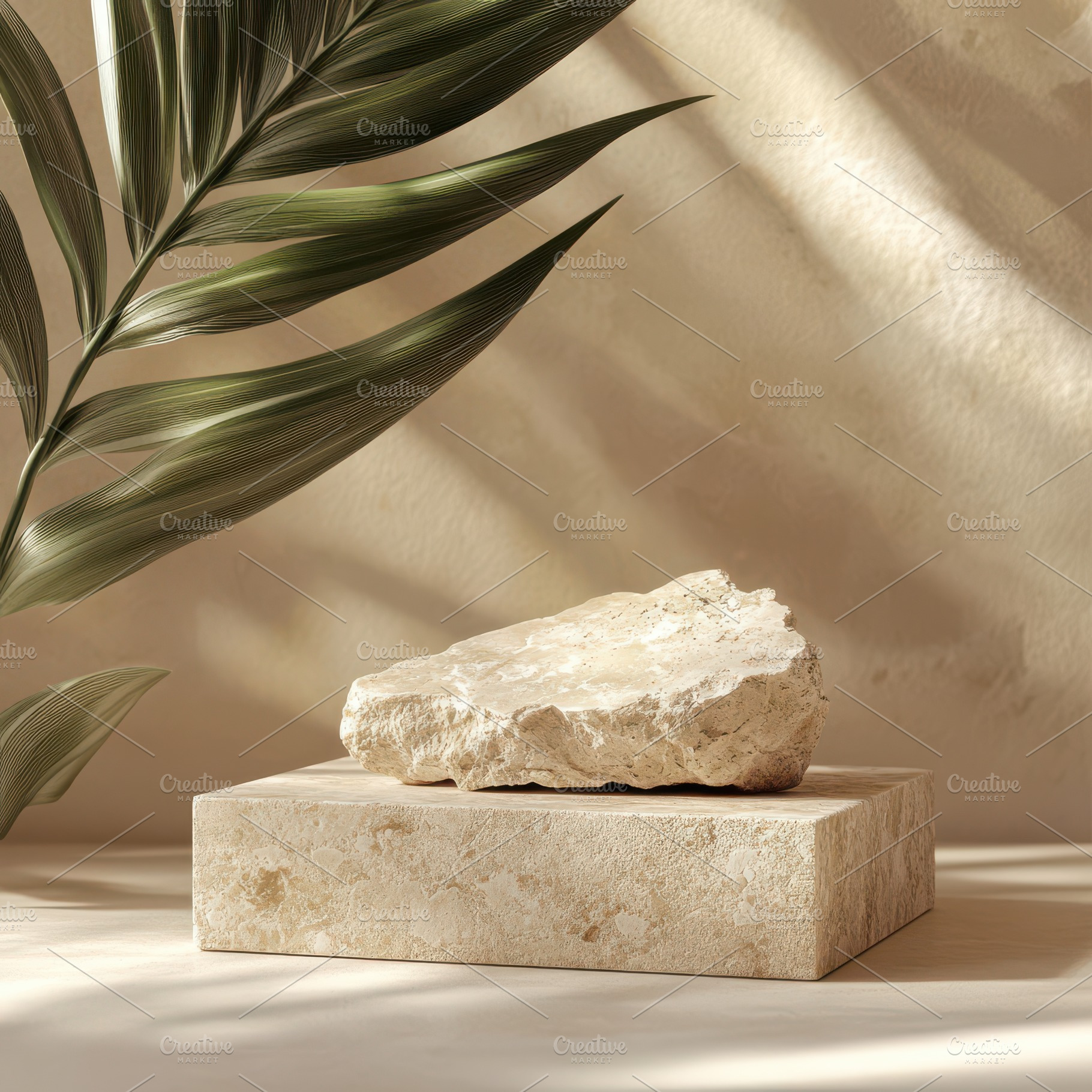 Beige stone on pedestal with palm le, a Background Photo by Pixeness Studio