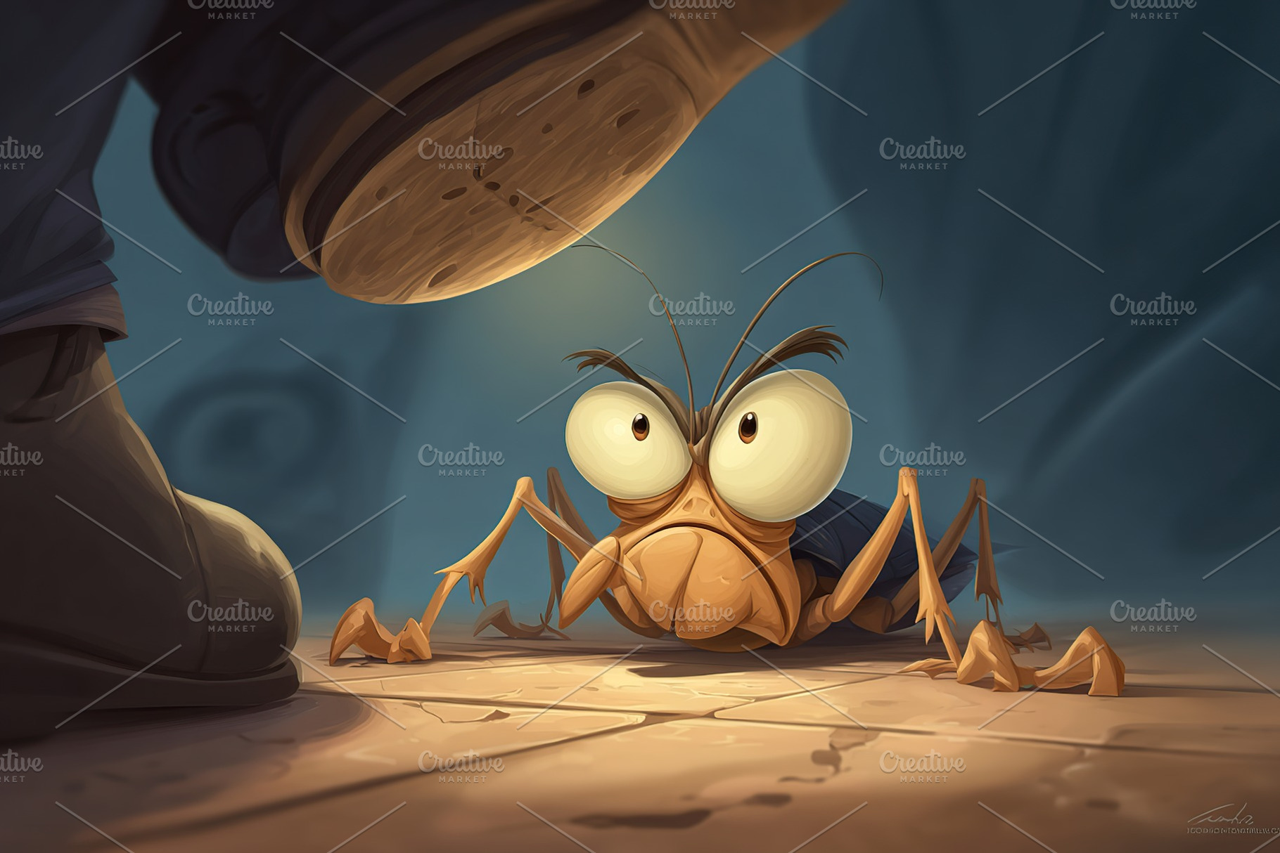 Frightened insect stares up as a shoe prepares to strike in a dimly lit environ, a Photo by AlyaAnd