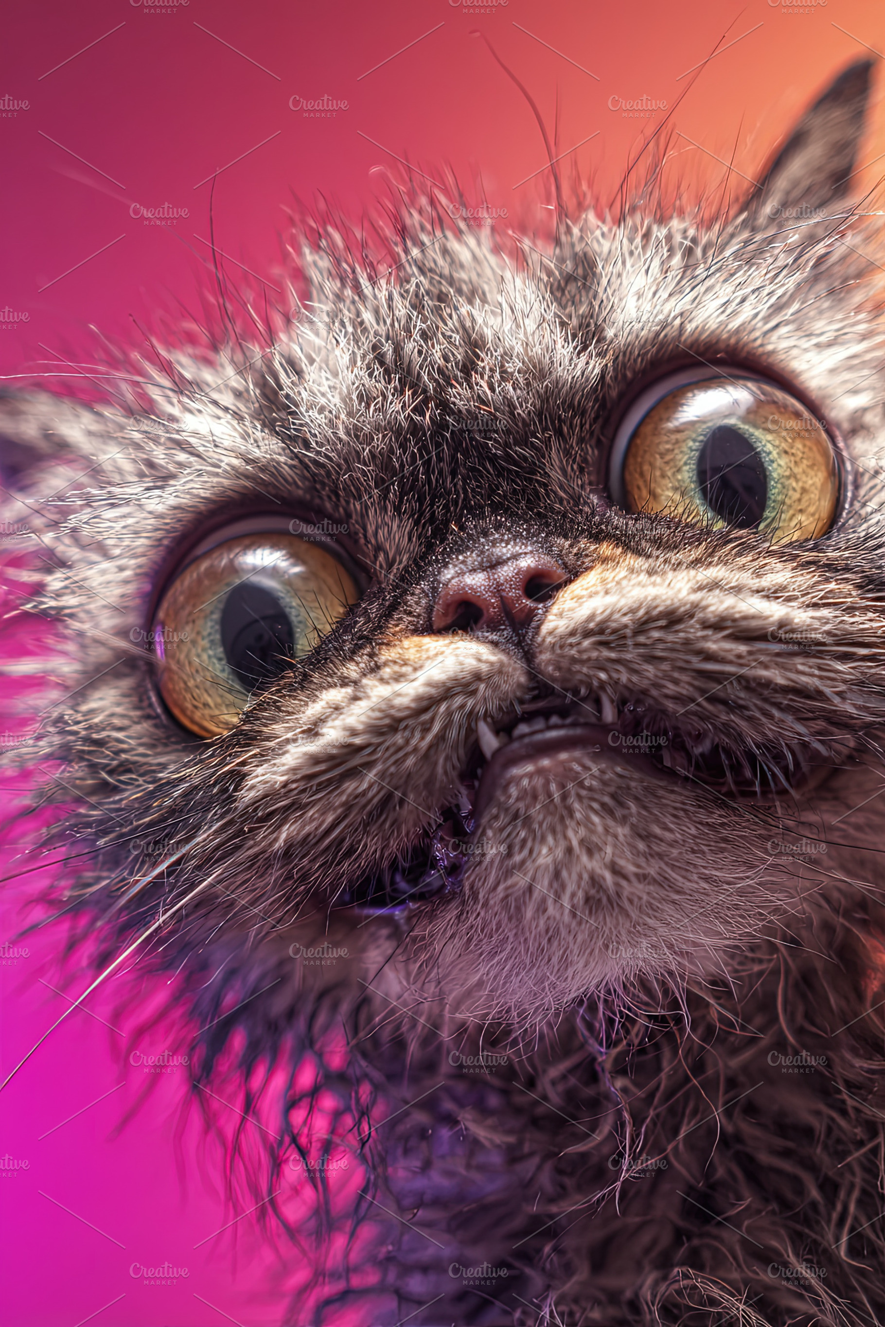 Close-up of a surprised wet cat against a vibrant gradient backg, a Photo by Ales Munt