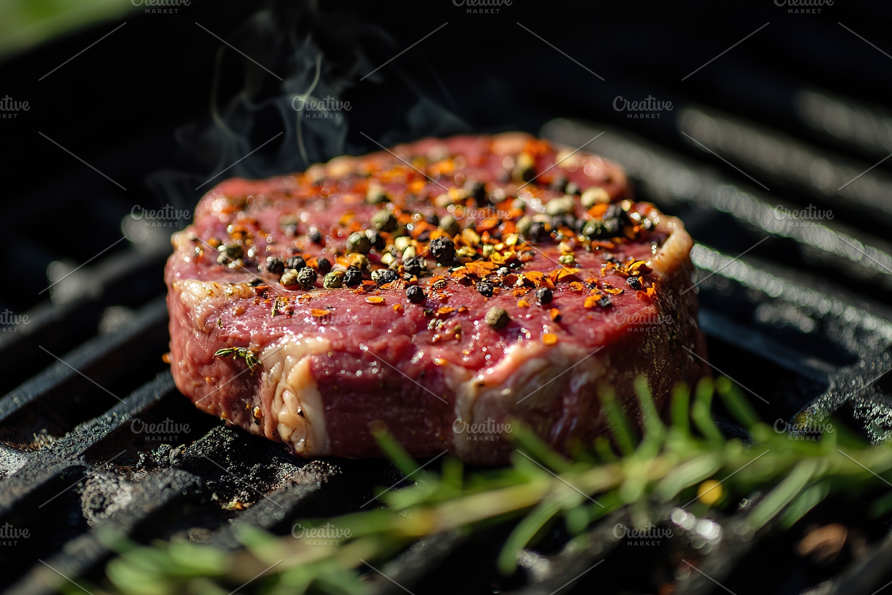 Grilling a seasoned steak with herbs and spices under the midday sun, a Food & Drink Photo by AlyaAnd