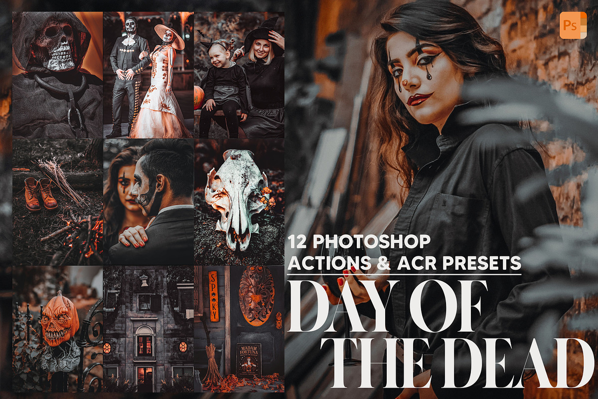 12 Day of the Dead Photoshop Actions, an Action Add-On by Hue Palettte Studio (Photo 1 of 10)