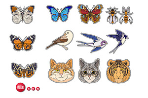 Cats, Butterflies, Birds Set