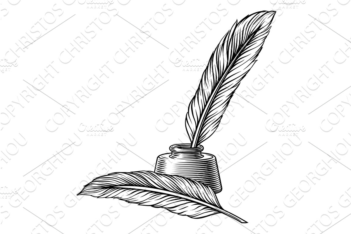 Ink Pen Feather Quills and Inkwell, an Object Illustration by Christos Georghiou