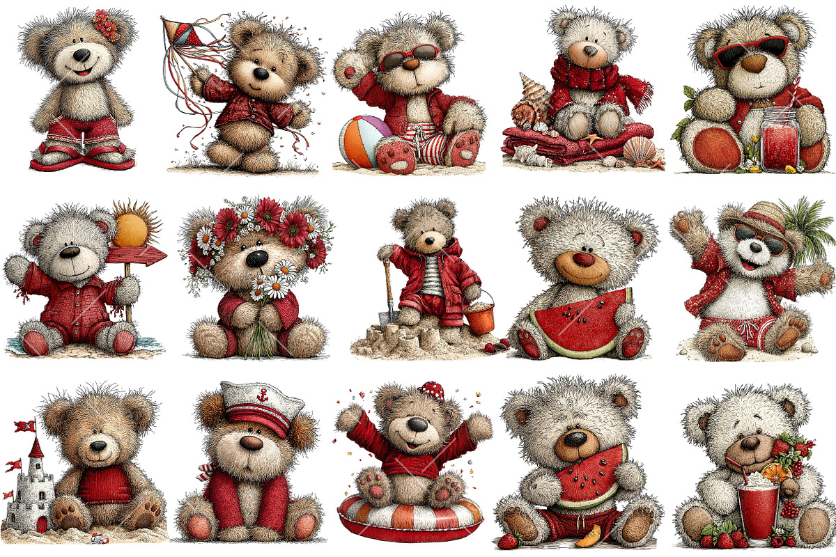 Whimsical Summer Teddy Bear Clipart, an Illustration by OK Design (Photo 3 of 6)