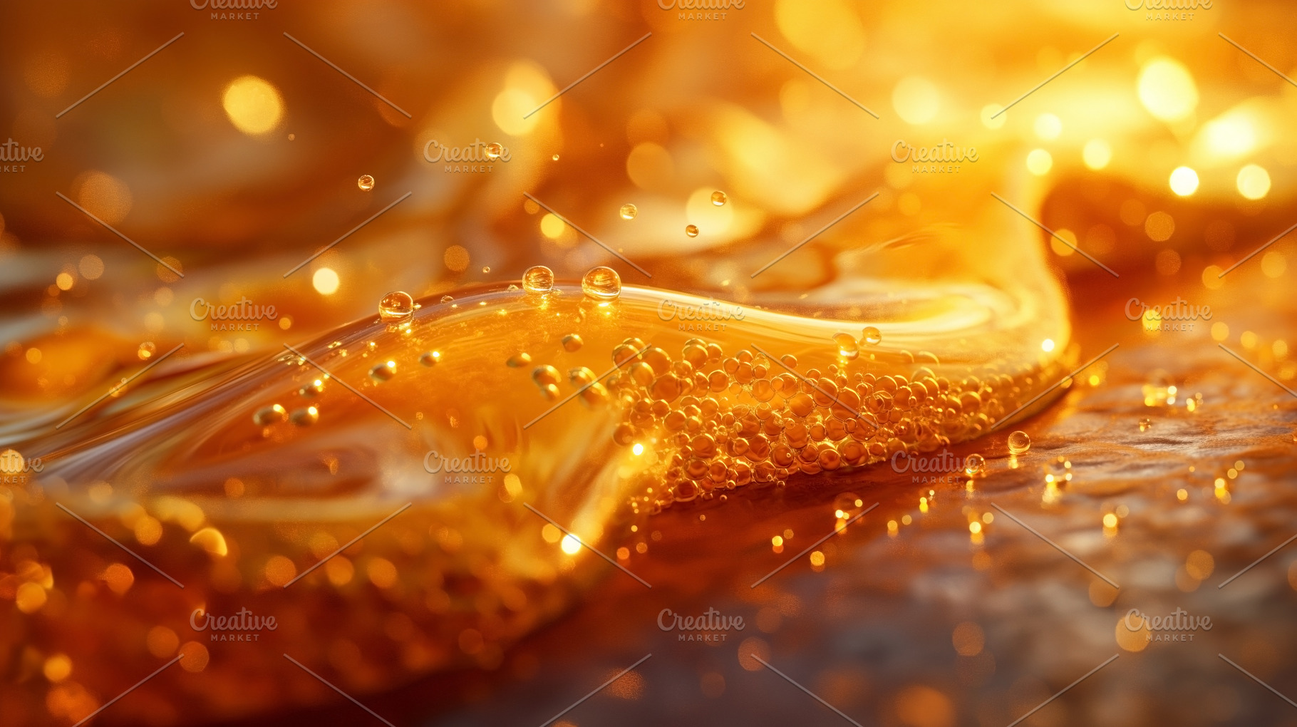 A mesmerizing close-up of golden liquid with bubbles, capturing, a Food & Drink Photo by ImageMir