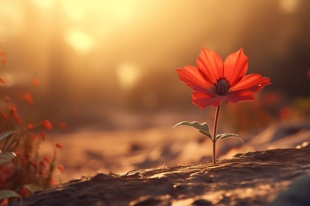 a red flower is growing against the sky, in the style of realist, a Nature Photo by AvalgaCollectiblesan