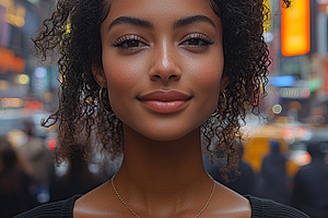 Young woman smiling in a vibrant urban setting with blurred city background, a Person Photo by AlyaAnd