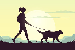 Women Walk The Dog In Park, a Person Illustration by Black White Mouse Design