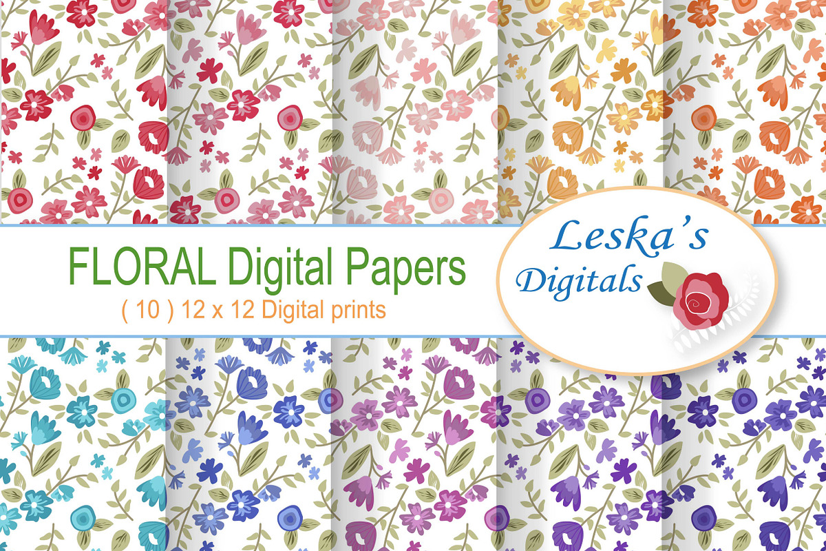 Digital Paper - Flower Patterns, a Pattern Graphic by Leska's Digitals (Photo 1 of 6)
