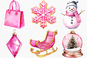 Watercolor Pink Christmas Clipart, an Illustration by Canvas Craft (Thumbnail 2 of 7)
