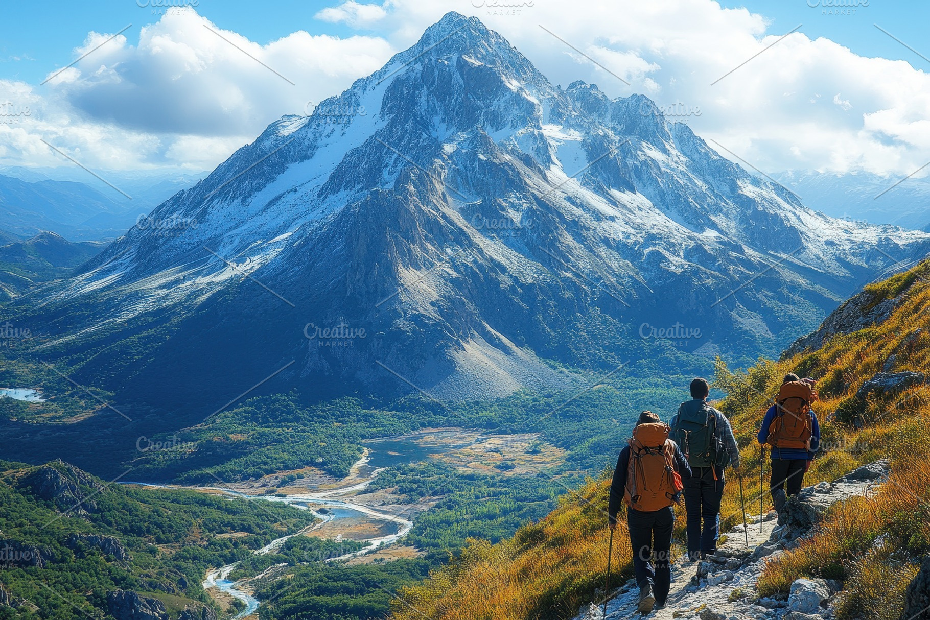 Hikers navigate rugged terrain with, a Photo by Tanuart