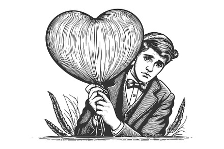 Shy man holding heart balloon vector, a Person Illustration by AlexArt