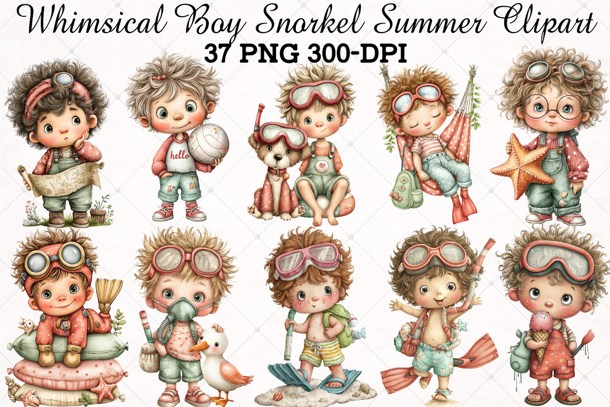 Whimsical Boy Snorkel Summer Clipart, an Illustration by RobertsArt (Photo 1 of 5)