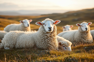 Sheep resting on grassy pasture at s, an Animal Photo by Pixeness Studio