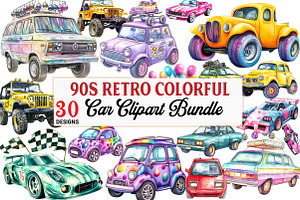 90s Retro Colorful Car Clipart Bundl, an Illustration by Watercolor design
