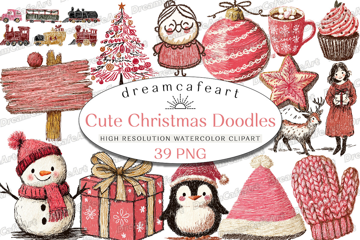 Cute Christmas Doodles Watercolor, an Illustration by DreamCafeArt (Photo 1 of 7)