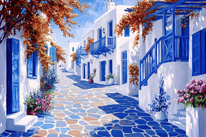 Quaint blue and white houses, a Photo by Pavel_design
