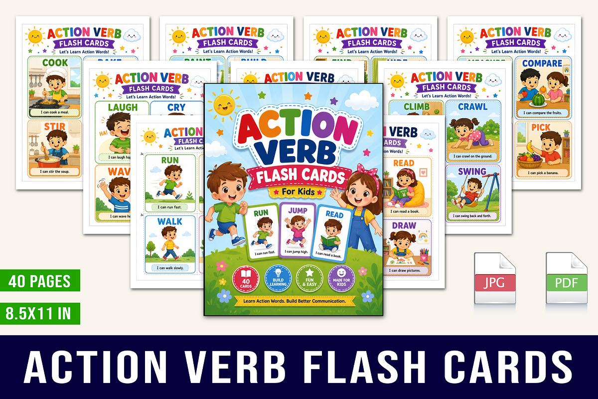 Action Verb Flash Cards, a Stationery Template by Designmela01 (Photo 1 of 5)