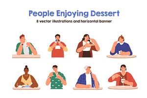People eating desserts set + banner, a Food Illustration by Good Studio