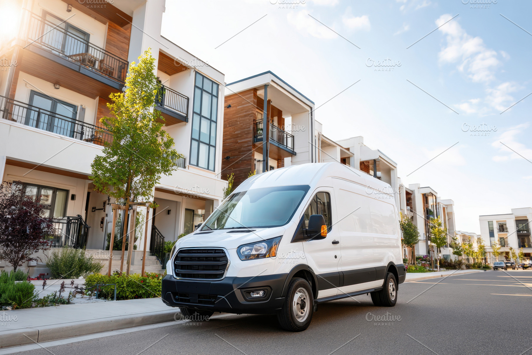 White delivery van in urban residential area, a Transportation Photo by AlyaAnd
