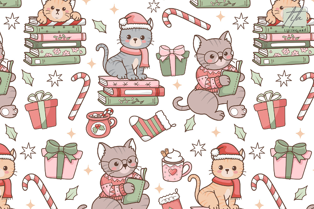 Cozy Christmas Cat Seamless Pattern, a Seasonal Illustration by TitaLivingArt (Photo 1 of 9)