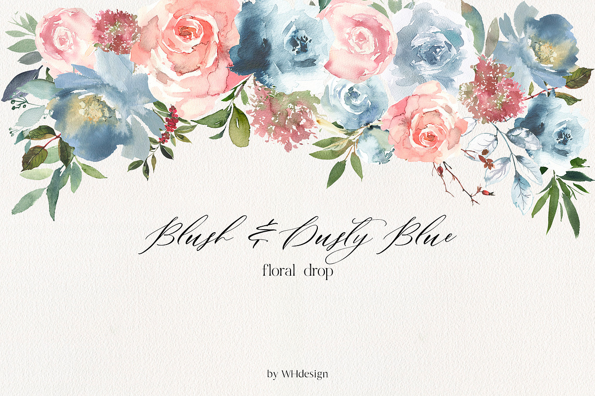 Blush & Dusty Blue Floral Clipart, a Decorative Illustration by whiteheartdesign (Photo 6 of 11)
