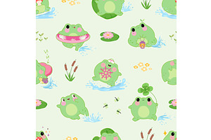 Kawaii frog seamless pattern, an Animal Illustration by Valerie Bodnar