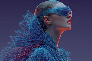 Futuristic woman in digital wireframe fashion and visor, blendin, an Abstract Photo by José Manuel Gelpi
