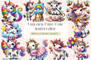 Watercolor Unicorn Cute Cow Clipart, a Seasonal Illustration by DreamArtGraphic