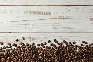 Flat lay of coffee beans with copyspace on wooden table, a Food & Drink Photo by AlyaAnd