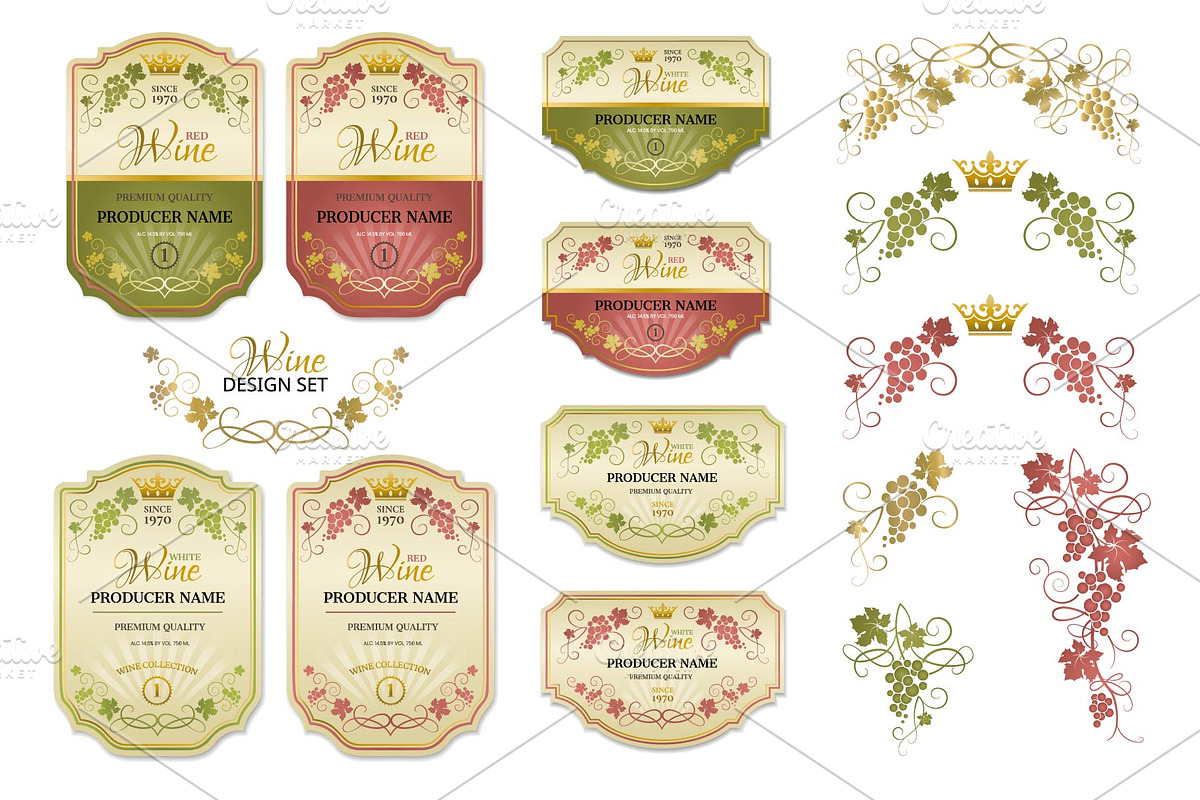 Wine labels and grape elements., a Decorative Illustration by VetaDesign