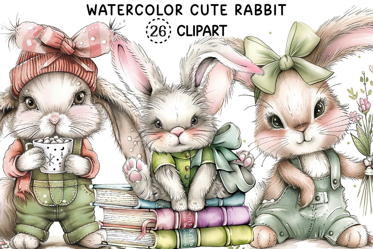 Watercolor Cute Rabbit Png Clipart, an Illustration by Creative Art (Photo 1 of 7)