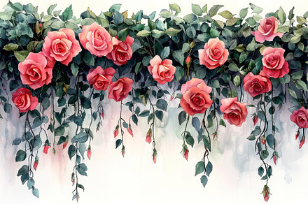 Pink roses in a cascading floral arrangement with lush green leaves in watercol, a Person Photo by José Manuel Gelpi