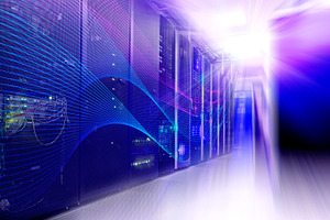 Futuristic modern server room in data center stock photo containing