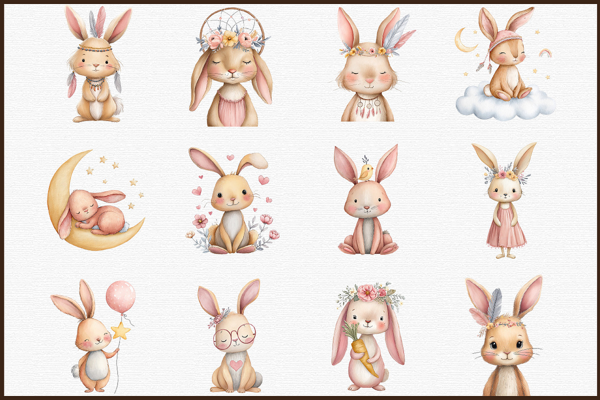 Cute Boho Pink Bunny Clipart, an Illustration by Sublimation Artist (Photo 3 of 6)