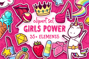 Girls Power. Clipart and pattern set