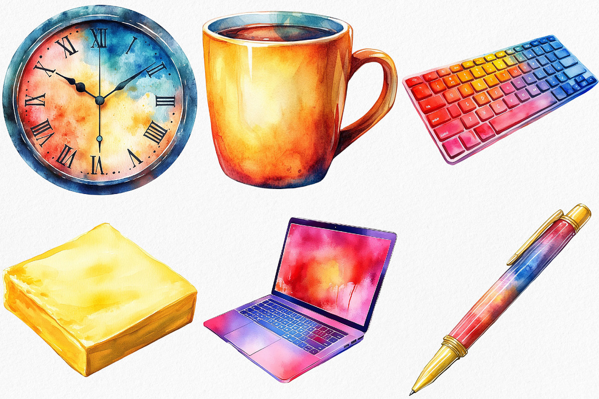 Watercolor Office Time Clipart, an Illustration by Canvas Craft (Photo 3 of 7)