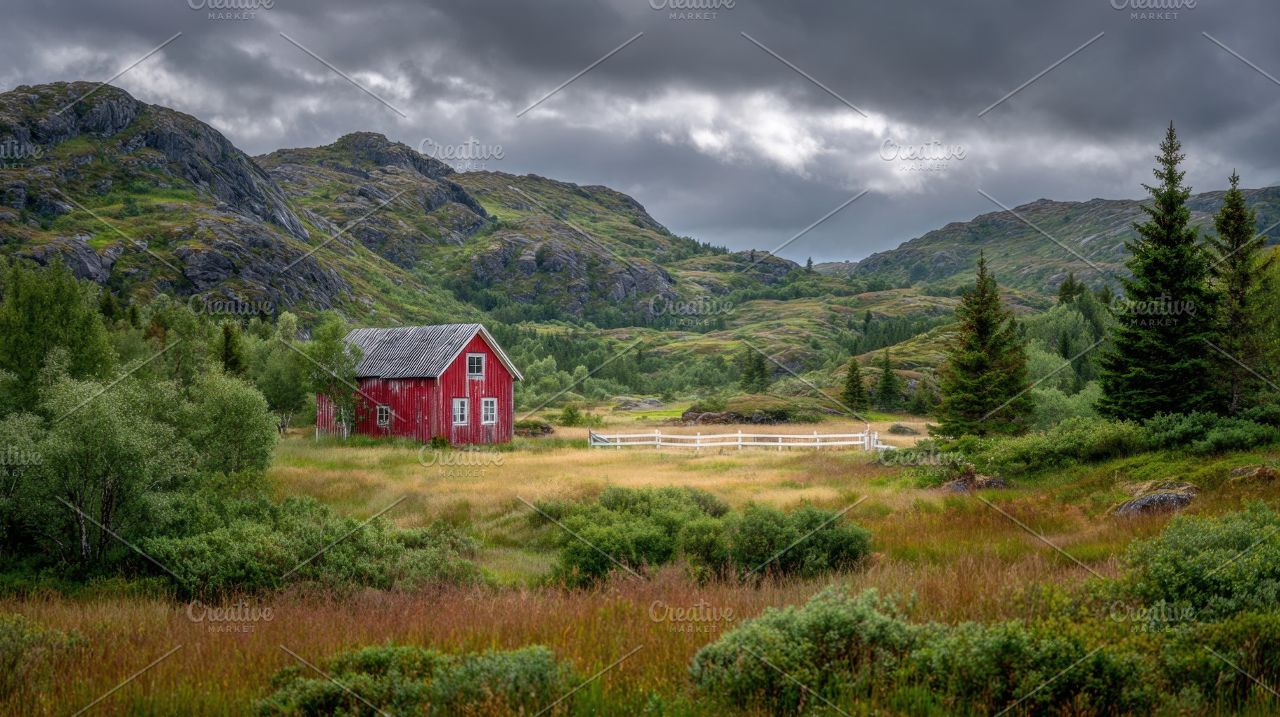 Red house stands in green field, a Photo by Beautiful things