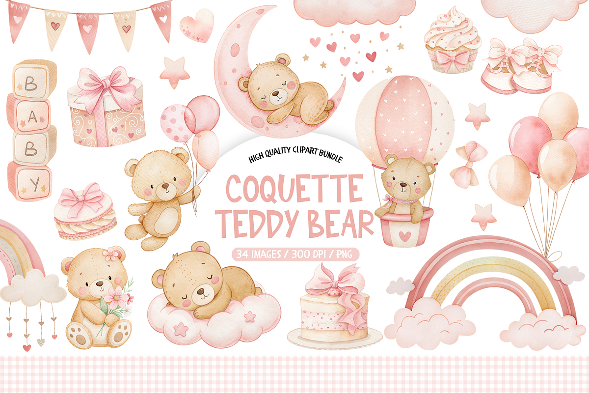 Watercolor Pink Coquette Teddy Bear, an Animal Illustration by TatiMockup (Photo 1 of 5)