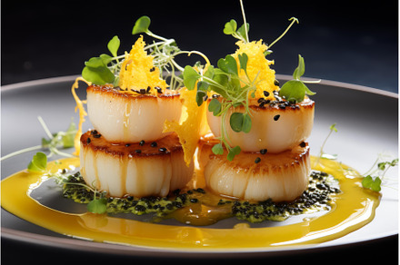 Flavorsome Scallop dish served plate, a Food & Drink Photo by Ylivdesign