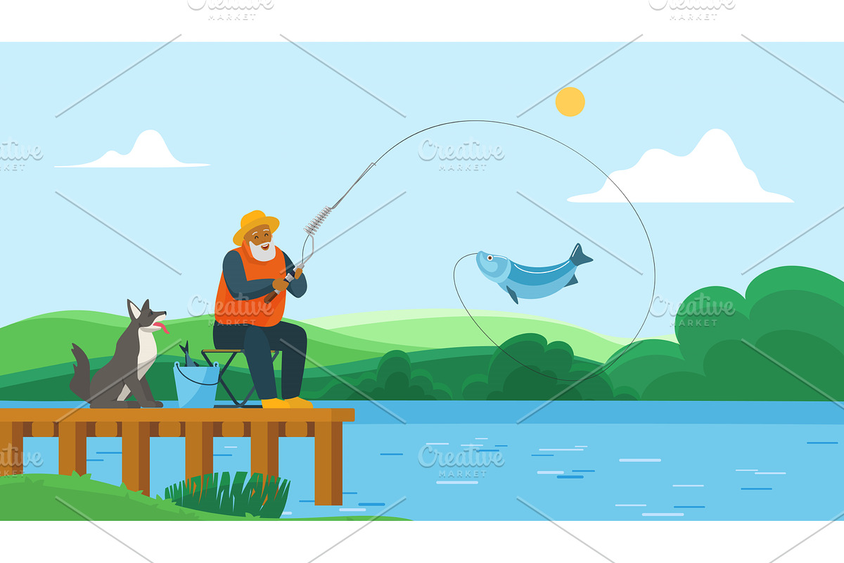 Grandfather fisherman beard sitting, a Sport Illustration by Lemberg Vector