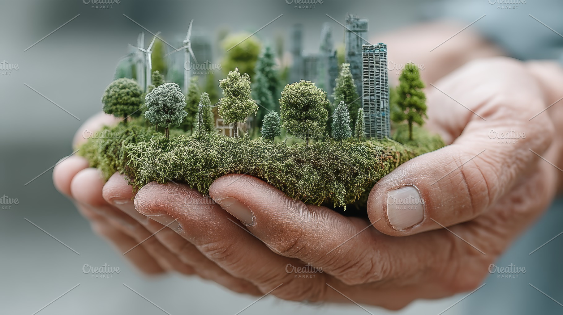 Hands holding a miniature green city with trees and wind turbines symbolizing s, a Photo by AS photostudio