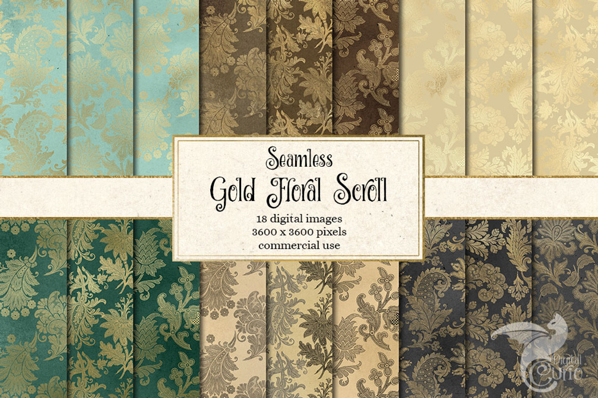 Gold Floral Scroll Digital Paper, a Pattern Graphic by Digital Curio